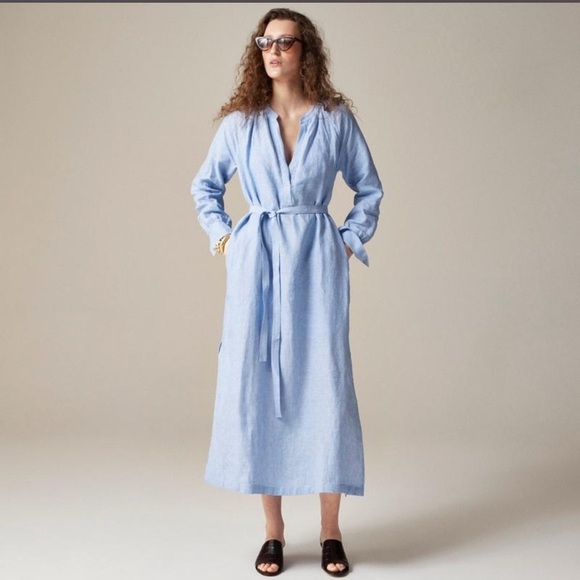 J. Crew Dresses & Skirts - J Crew Sold Out Cabana Linen Dress Elegant Blue Full Slip Pockets XL